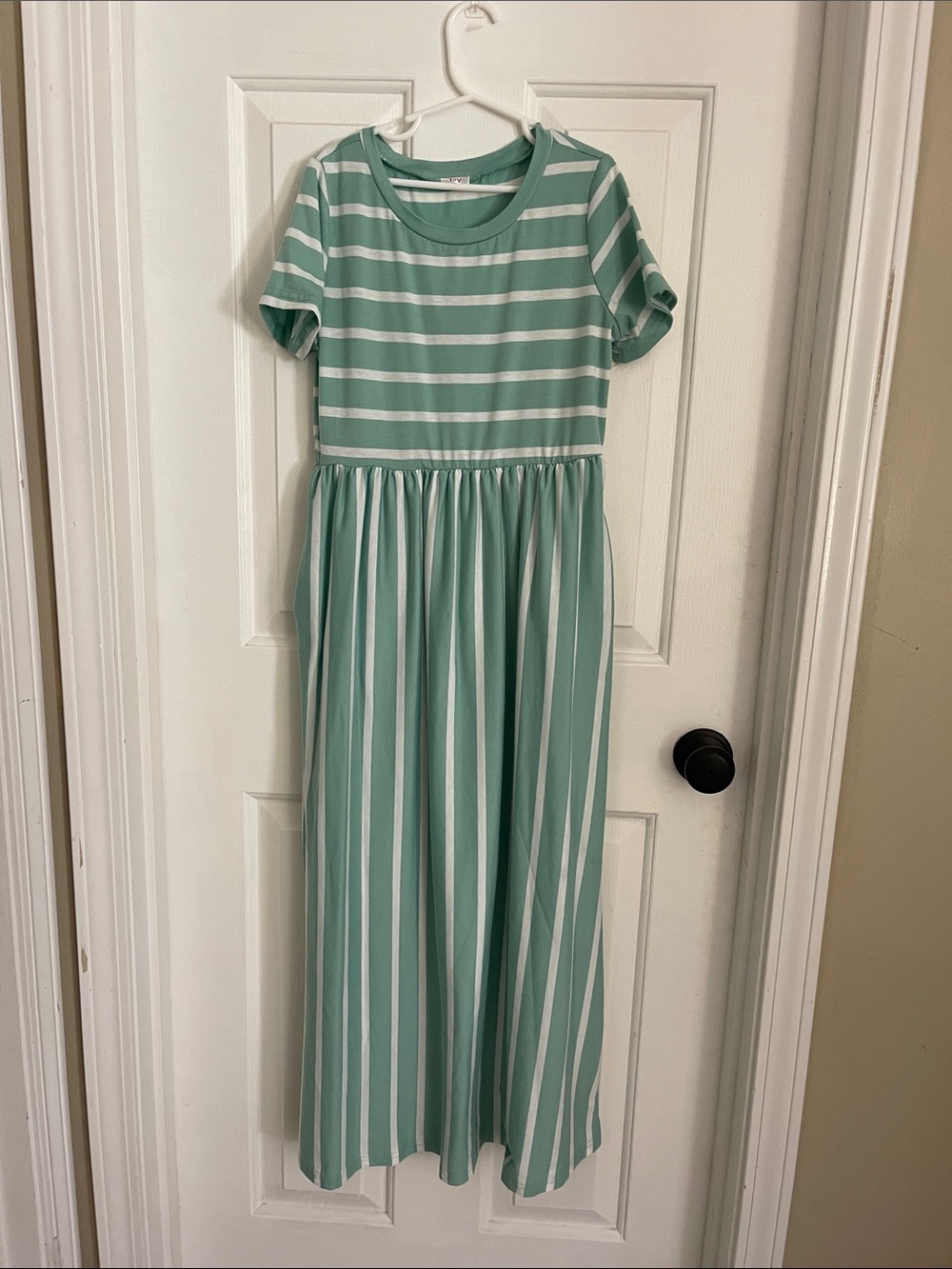 Girls Mint Green & White Striped Short-Sleeve Maxi Dress